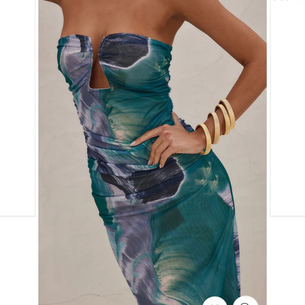 12th Tribe Teal & Navy Watercolor Strapless Midi Dress